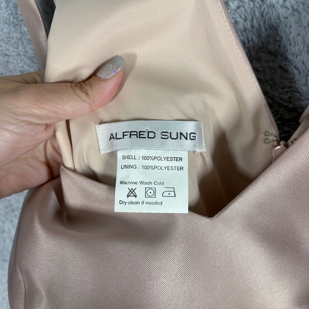 NEW Alfred Sung V-Neck Pleated Cocktail Dress Size 12 Pockets Cameo Beige D768 - Picture 7 of 9